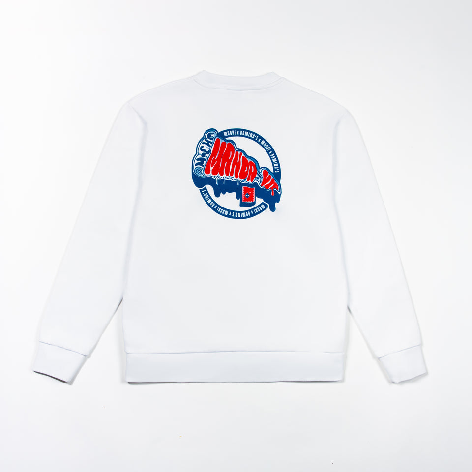 Sweatshirt collab MOCHE X DOMINO'S com estampa nas costas com texto "Manda Vir", à frente estampa MOCHE X DOMINO'S PIZZA, etiqueta cozida no cós MOCHE DOMINO'S